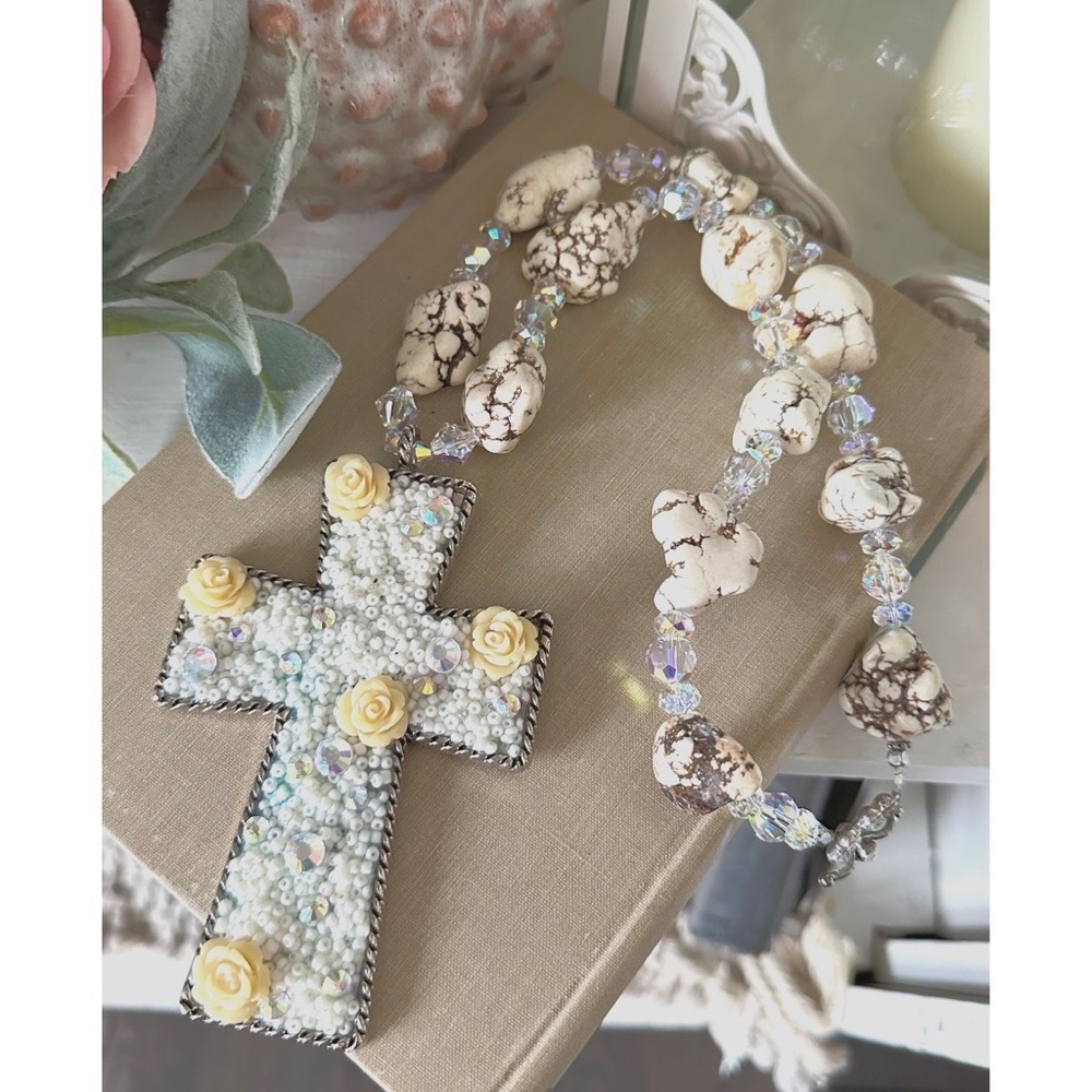 Long handmade white turquoise cross necklace